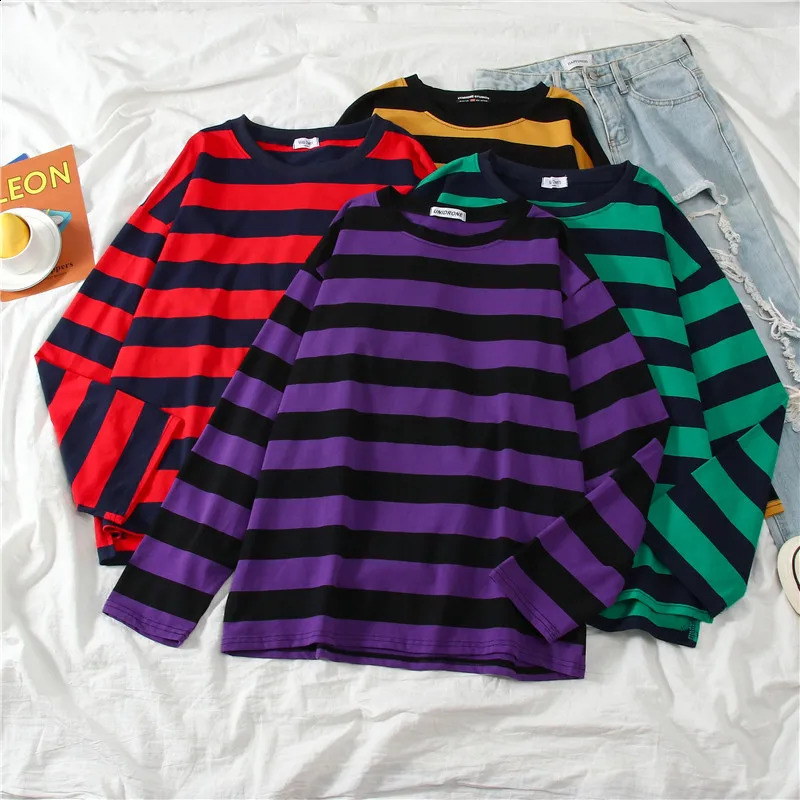 5 color Cotton Purple Striped Tops Slim Fit t shirt Harajuku Tshirt Summer Long Sleeve Korean Feminina oversized 241105