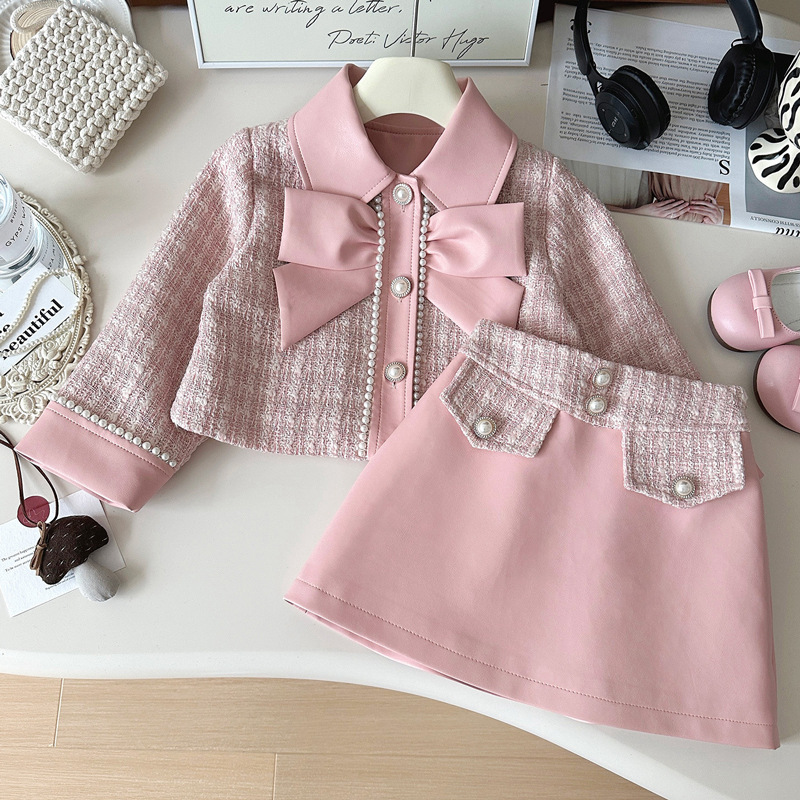 Fashion children PU leather clothing sets lady style girls plaid long sleeve outwear pleated skirts 2pcs sets children pink leather outfits S2422