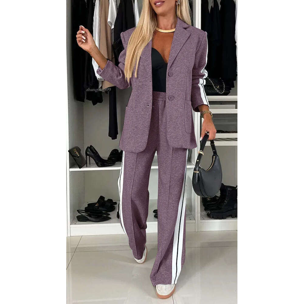 Freeacy Womens Fashion Two-piece Suit Blazer Coat High Waist Suit Pants Trousers Urban Female Casual Side-striped Suits 240809