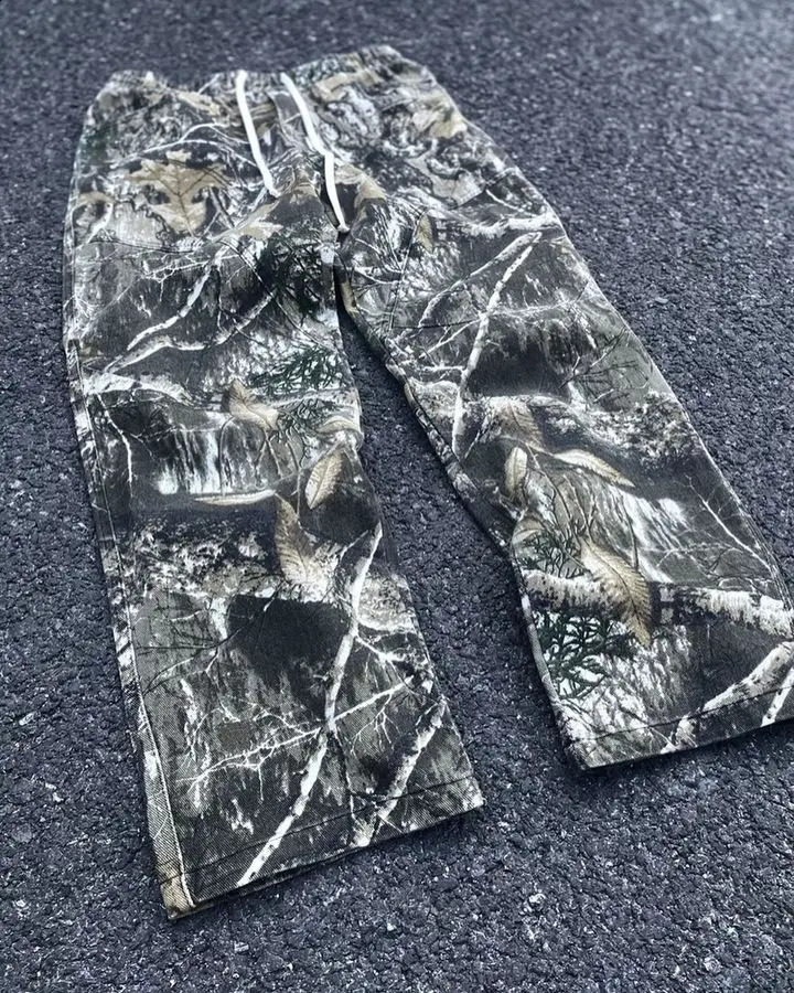 American Sweatpants Y2K Pants Mens Womens Hip Hop Retro Leaf Camo Graphic Baggy Casual Elastic Waist Jogging Trouser 241105