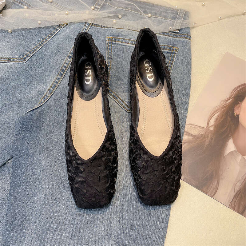 French Satin Single Shoe Women's Korean Version Spring New Versatile Low Heel Scoop Square Toe Shallow Mouth Cloth Soft Sole Grandma Shoes
