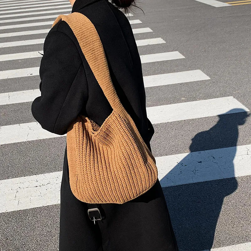 Korean Fashion Knitted Shoulder Shopping Bags For Women Vintage Soft Tote Bag Large Capacity Female Handbag Solid Sac 241104
