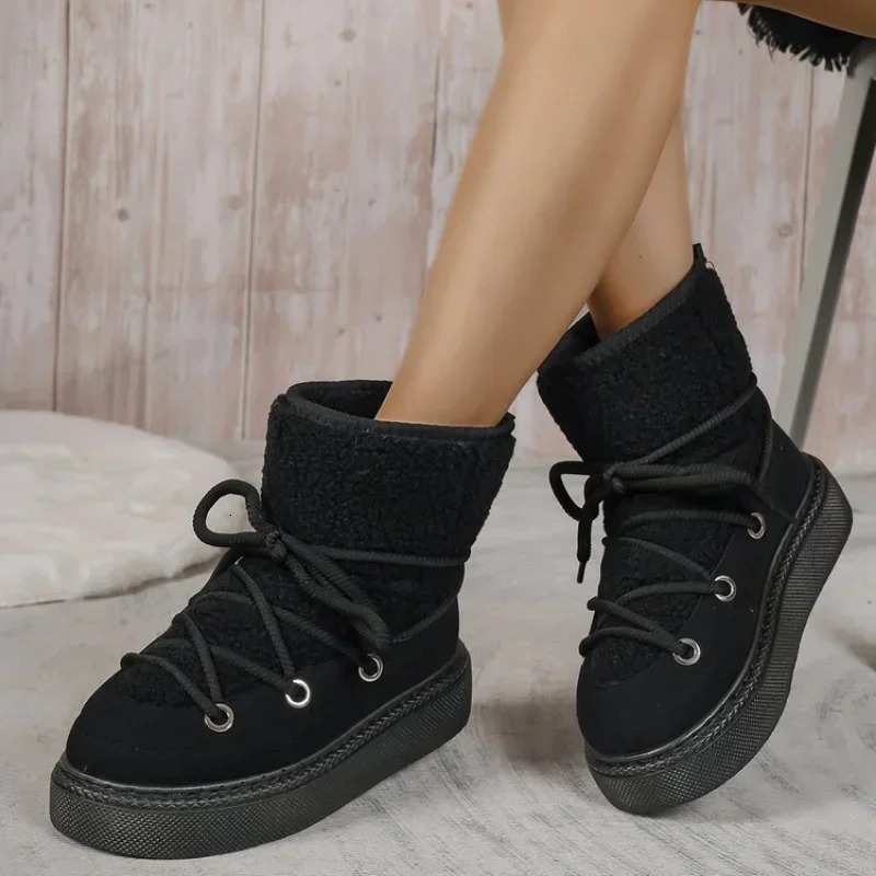 Women's Thick-Soled Cross-Strap Women Winter Round Toe Ck Plush Mid Heel Water Proof Casual Warm Snow Boots