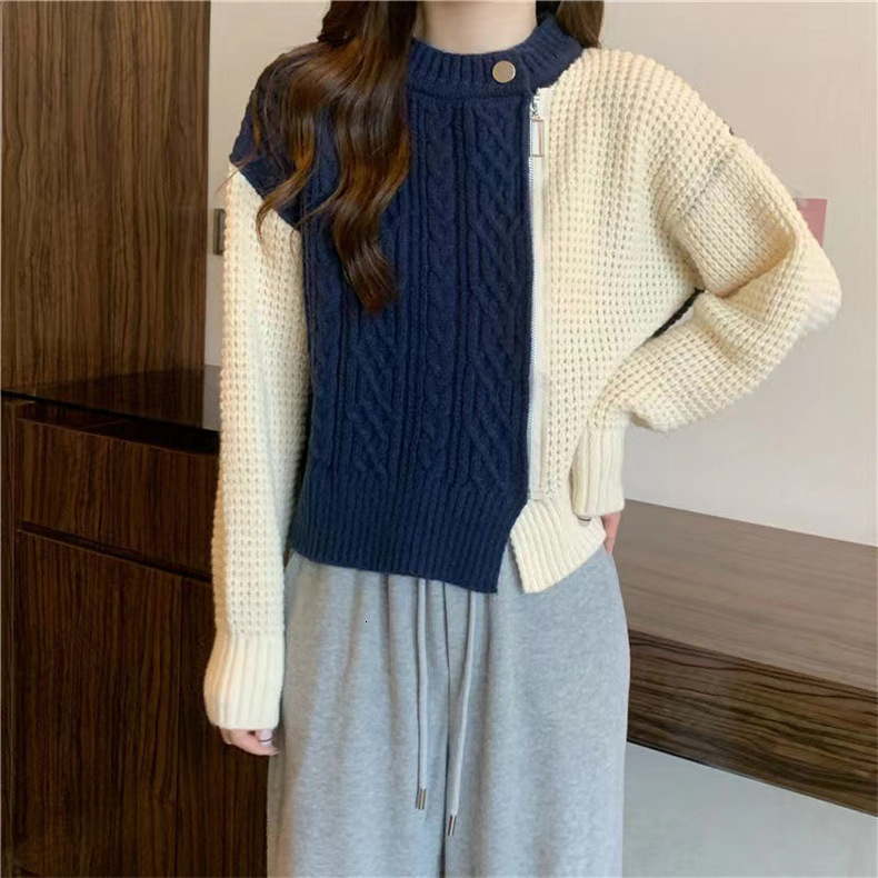 Lazy Style High End Zipper Knitted Sweater Women S Coat Autumn And Winter Short Design Sense Splicing Anti Aging Top F1105#40