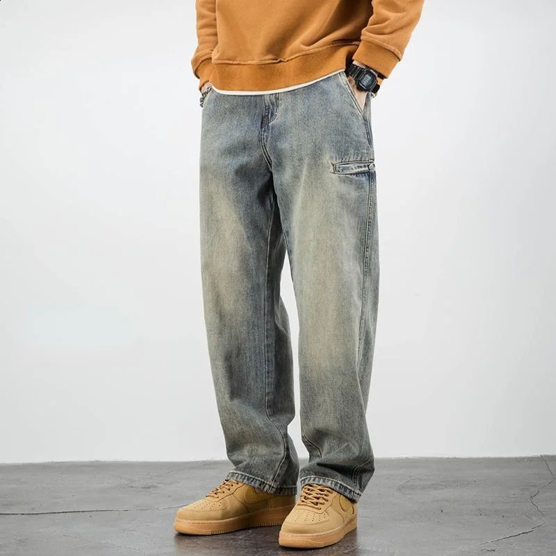Stretch Mens Jeans Washed Motorcycle Trousers Vintage Man Cowboy Pants Punk Loose Straight Retro Baggy ner Casual Goth Xs 241105