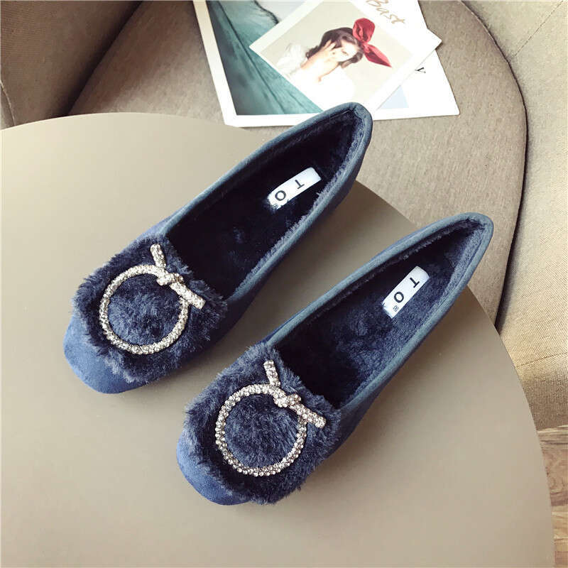 2023 Autumn Winter Versatile Shallow Mouth Velvet Sole Single For Women, Hairy With Flat Heels And Bean Shoes, Women's Cotton Scoop Shoes