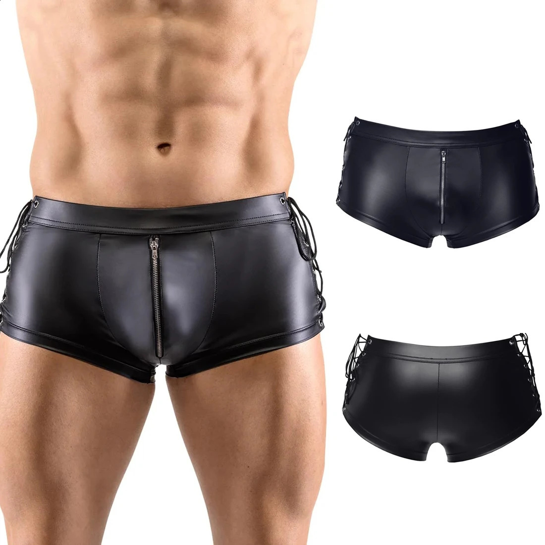 Exotic Pants Male Sexy Lingerie Gay Men Faux Leather Lace Up Black Latex PVC Bondage Open Cortch Shorts Gothic Fetish 241105