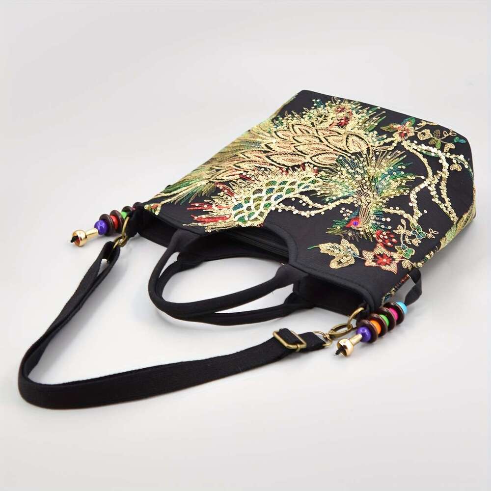 Designer Bag Women's Embroidered Satchel Bag, Fashion Double Handle Purse, Retro Style Handbag With Removable Strap