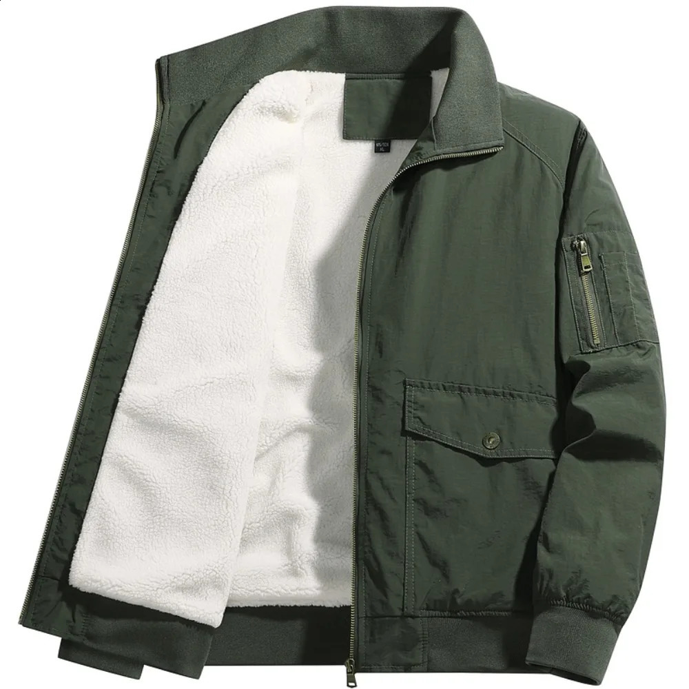 Winter Fleece Lined Turndown Collar Jackets Mens Sherpa Trucker Parka Green Work Cargo Coats Clothes Overcoats 241105