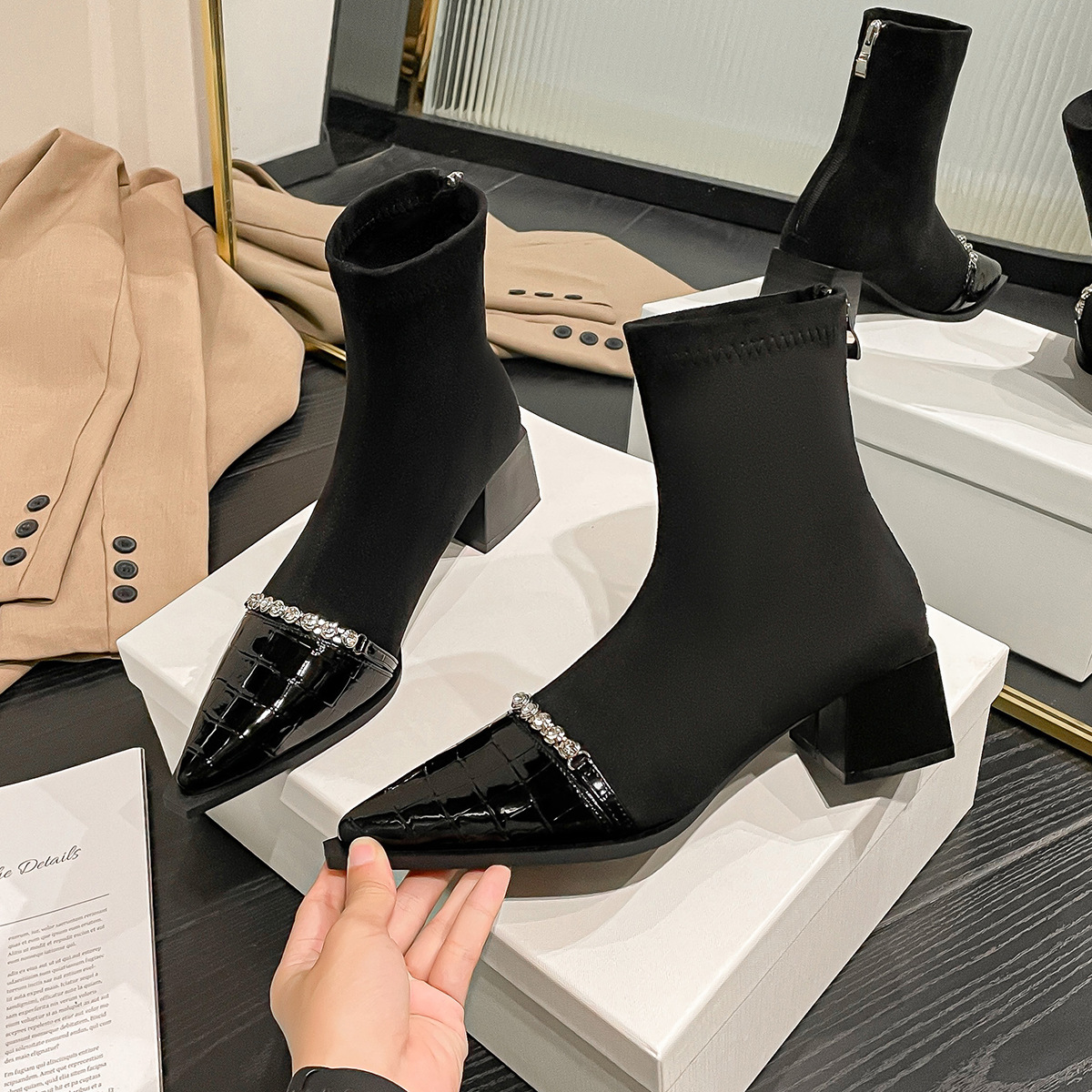 Sharp Pointed Thick Heel Pearl Diamond Short Boots Size35-43.