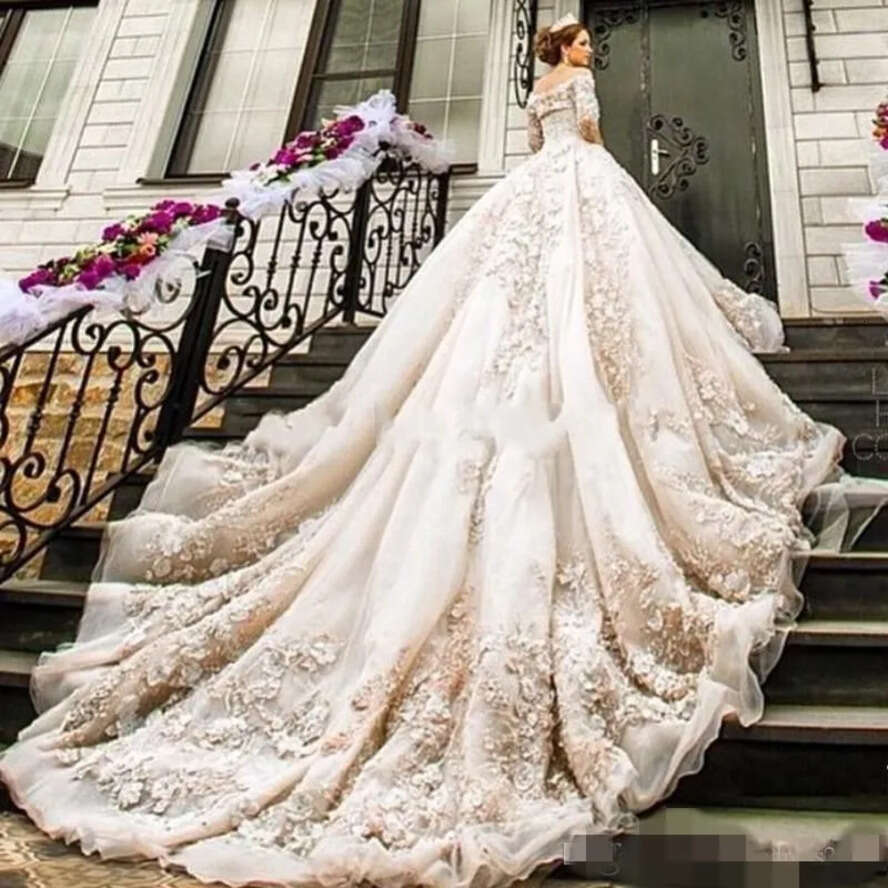 D Ral Applique Wedding Dresses Embroidery Crystal Beaded Elegant Off The Shoulder Long Sleeves Cathedral Train Vestido De Novia