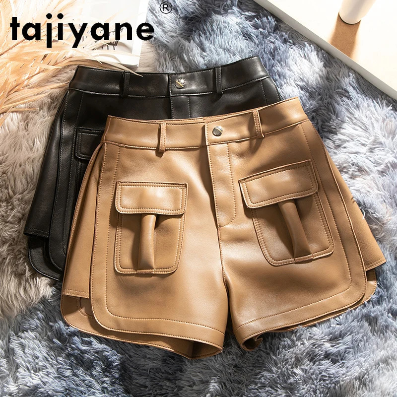 Tiyane Summer Women's Real Sheepskin Wide Leg Trousers Oversize Genuine Leather Shorts Female Mujer Pantalones 2361