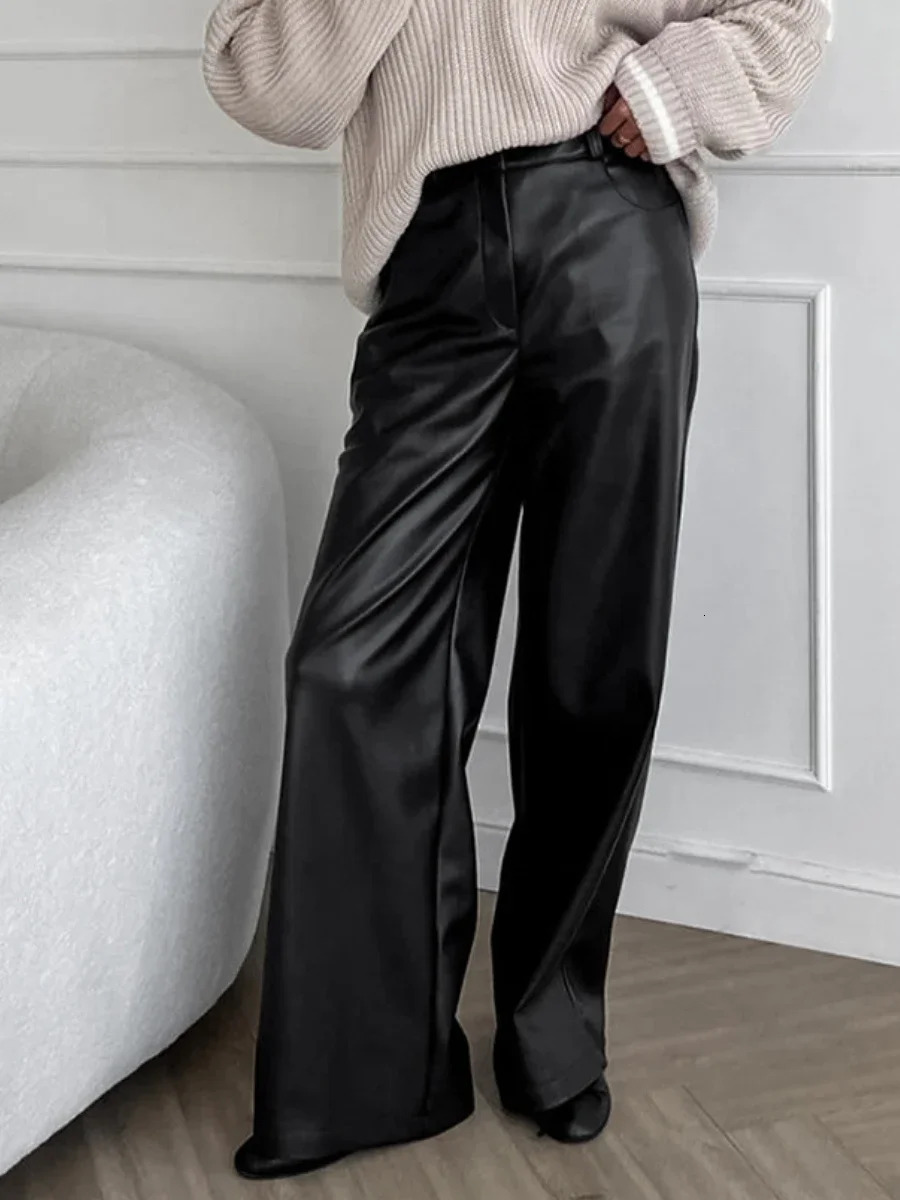 Wolfeel Autumn New Black Retro Matte PU Leather Women's Stylish High Waisted Trousers Office Lady Versatile Long Pants