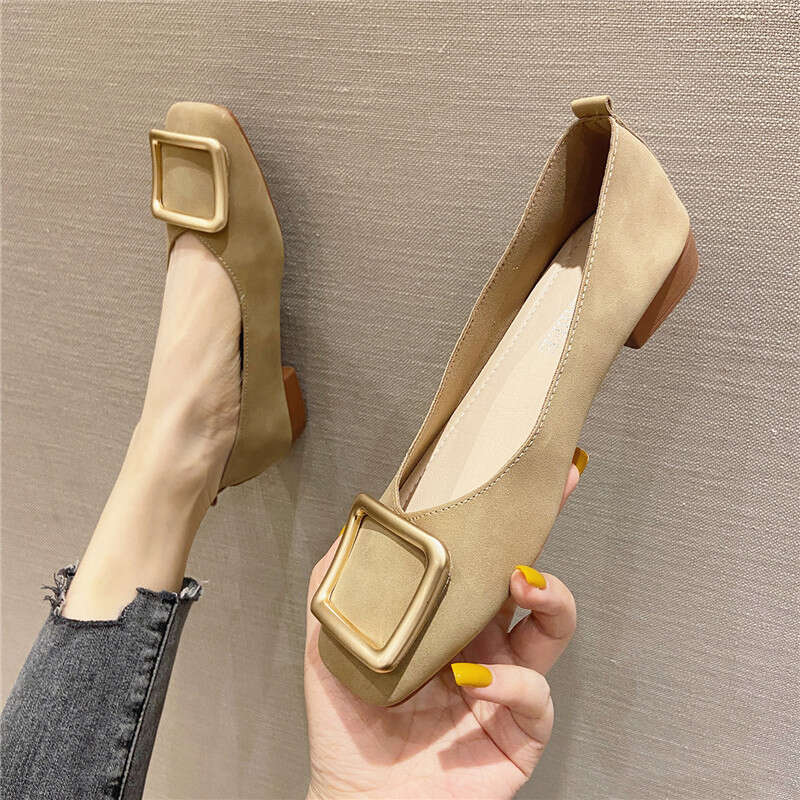 Thick And Low Heeled 2023 Summer New Korean Version Metal Buckle Shallow Mouth Square Toe Women's Soft Sole Evening Single Shoes