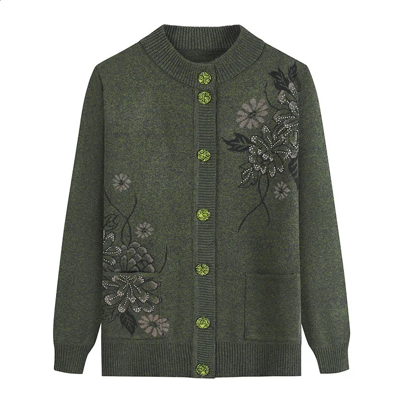 Print MiddleAged Elderly Mothers Autumn Winter LongSleeve Sweater Women Knitted Bottoming Shirt Grandma Cardigan Mujer 241105
