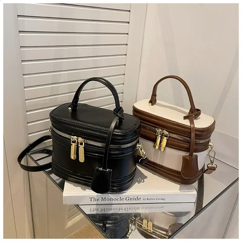 high-quality zipper splicing lamp shoulder bag casual cross body bag PU leather womens makeup bag 241105