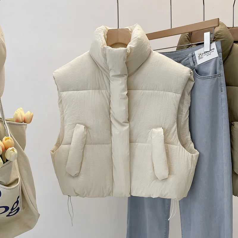 Womens pure cotton vest autumn and winter stand collar thick loose short sleeved pure cotton vest jacket trend 241105