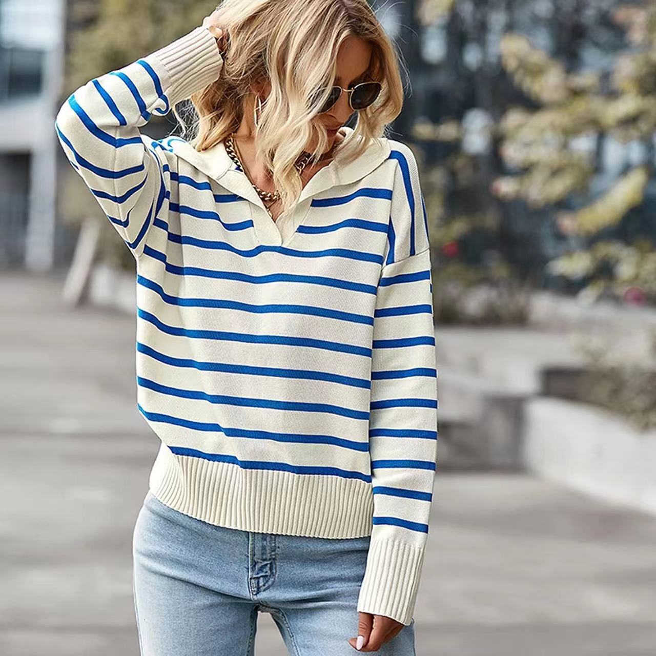 New Style Women's Casual Collar Striped Knitted Sweater Autumn Fashion Casual Loose Thick Harajuku Streetwear Knitwear