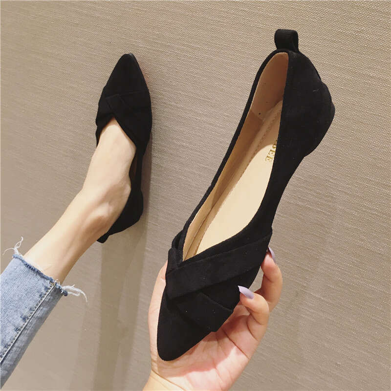 2023 Spring New Versatile Suede Pointed Shallow Mouth Flat Follow For Women Black Professional Work Shoes