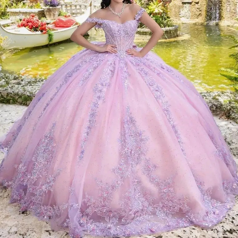 Pink Shiny Ball Gown Quinceanera Dresses Off The Shoulder Sequin Appliques Lace Bow Beaded Crystal Tull Sweet 16 Dress Vestido De 15 Anos
