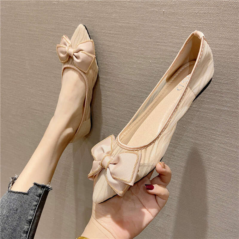 2023 Summer New Korean Butterfly Bow Decoration Shallow Mouth Pointed Soft Bottom Bean Mesh Breathable Flat Shoes For Women