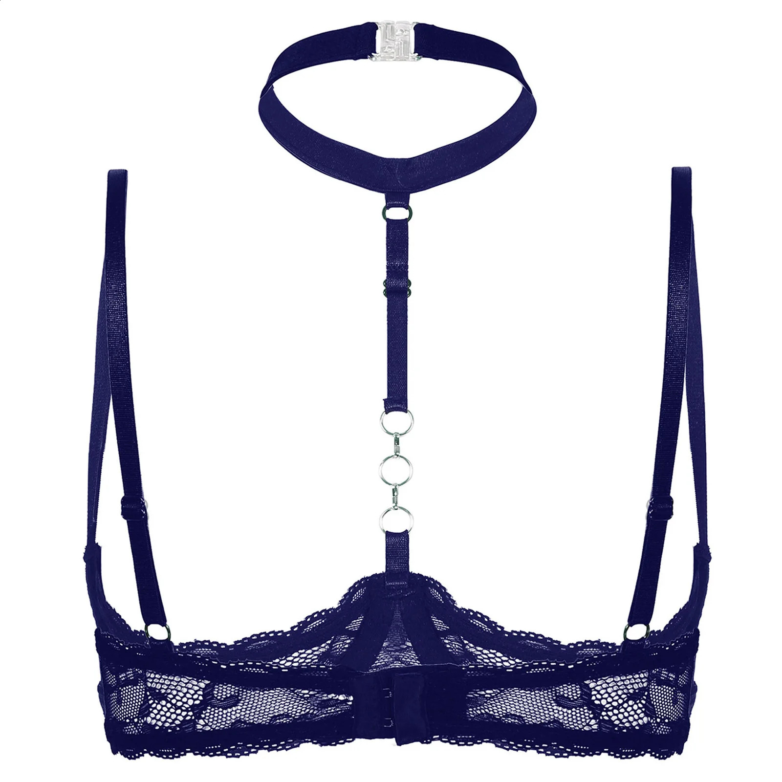 Womens Lingerie Adjustable Spaghetti Straps Push Up Sheer Lace Bra Tops Open Breast Exposed Halter Neck O Ring Brassiere 241105