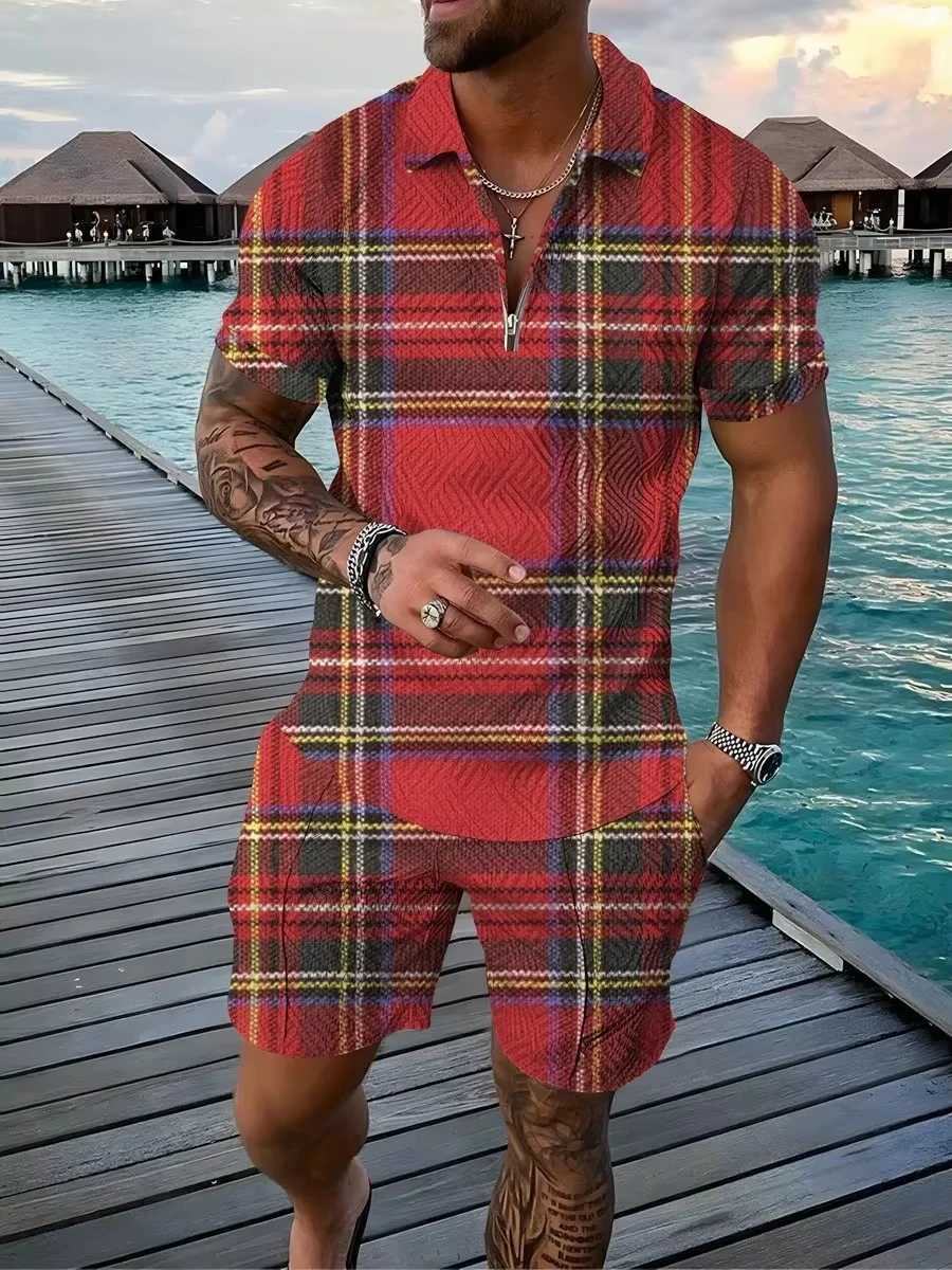 Flower and plant 3D printing summer mens sportswear set casual zipper collar shirt and shorts 2-piece set holiday style clothing W241104