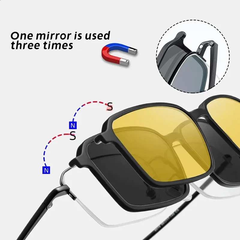 Business Myopia Glasses Frame Mens Half Frame Simple Night And Day Night Vision Sunglasses Magnetic Clip Set Mirror 241105