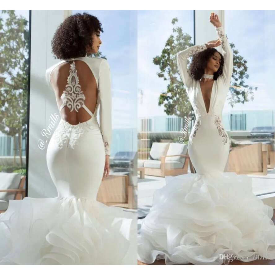 Elegant Arabic Dubai Mermaid Wedding Dresses V Neck Long Sleeves Tiered Organza Open Back Bridal Gowns Or Length Formal Dress For Women
