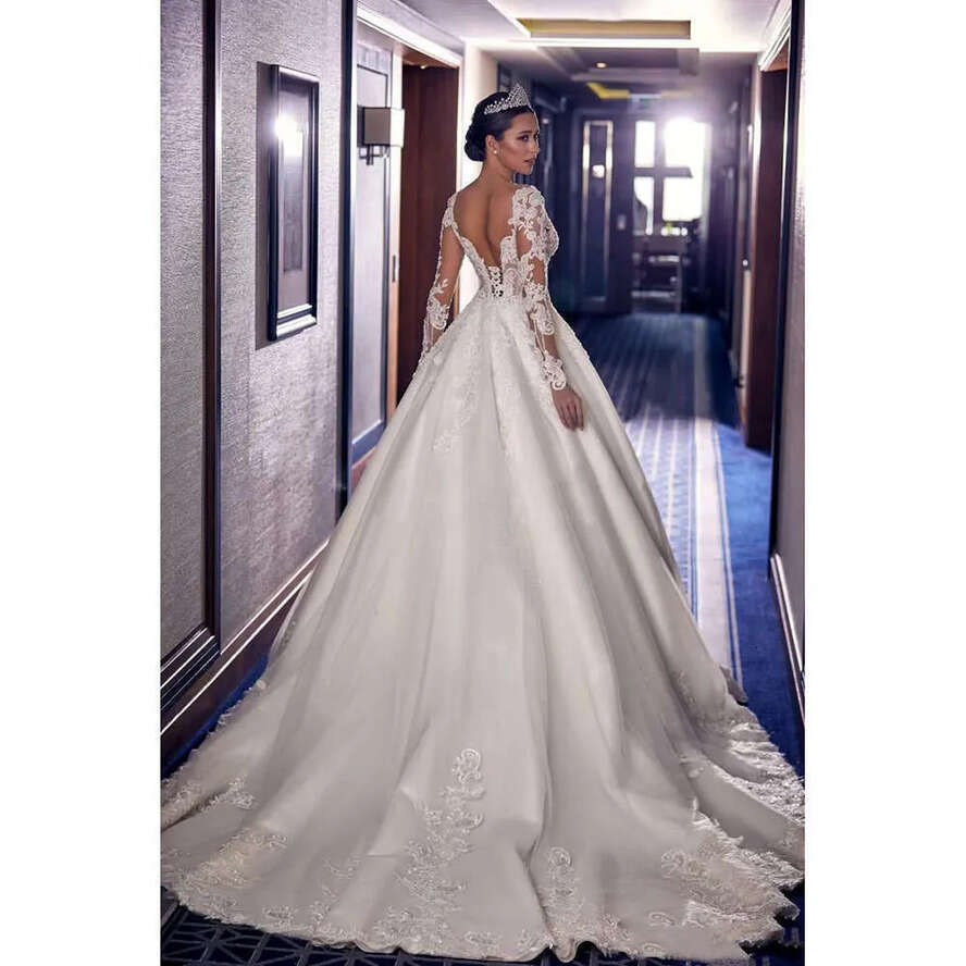Wedding Sexy V-Neck Dress Lace Applique Beaded Long Sleeve Bridal Gowns Custom Made Princess Bride Dresses es