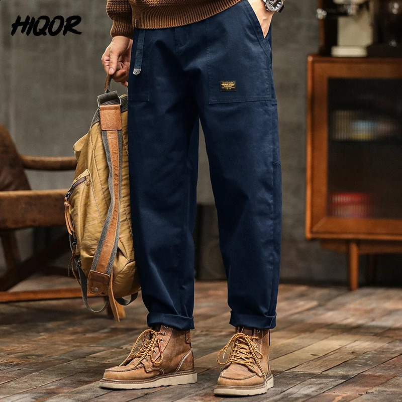 HIQOR Mens Clothing Spring Autumn Cargo Pants Man Cotton Casual Loose Trouser Belt Mid Waist Joggers Male Straight Baggy 241105