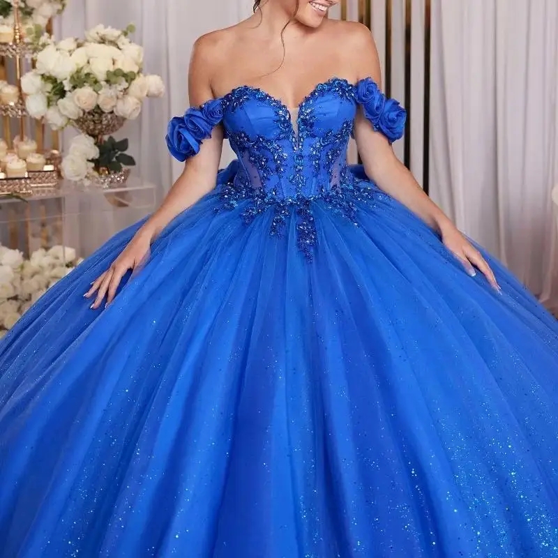Mexican Royal Blue Quinceanera Dresses Ball Gown Off The Shoulder Beading Crystals Flower Tull Corset Sweet 16 Dress Vestido De 15 Anos