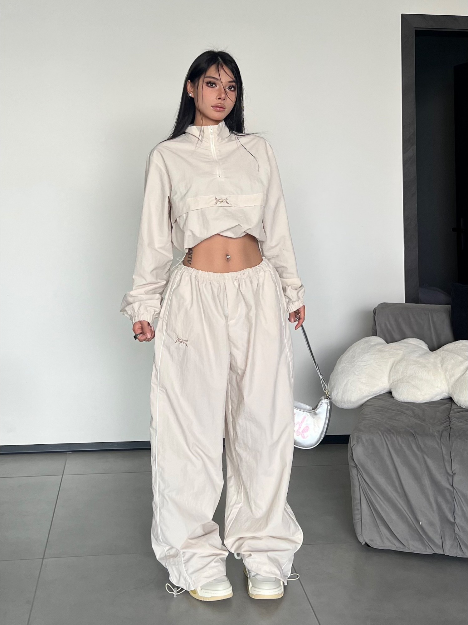 QWEEK Y2k Streetwear Khaki Pants Sets Women Gorpcore Vintage 90S Beige Tracuit Oversized Kpop Fashion Haruku Two Piece Set