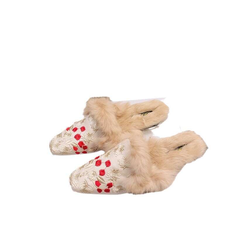 Korean Version Autumn And Winter New Fashion Fabric Velvet For Women's Outerwear, Embroidered With Chinese Style, Support, Half Slippers, Hairy S