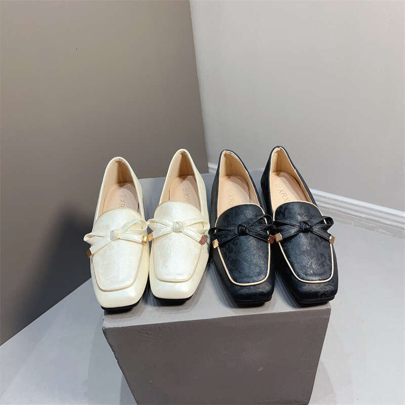 Korean Version Autumn Flat Bottom Bow Single Shoe Print New Chinese Style Small Leather Fashionable And Versatile Bean Shoes