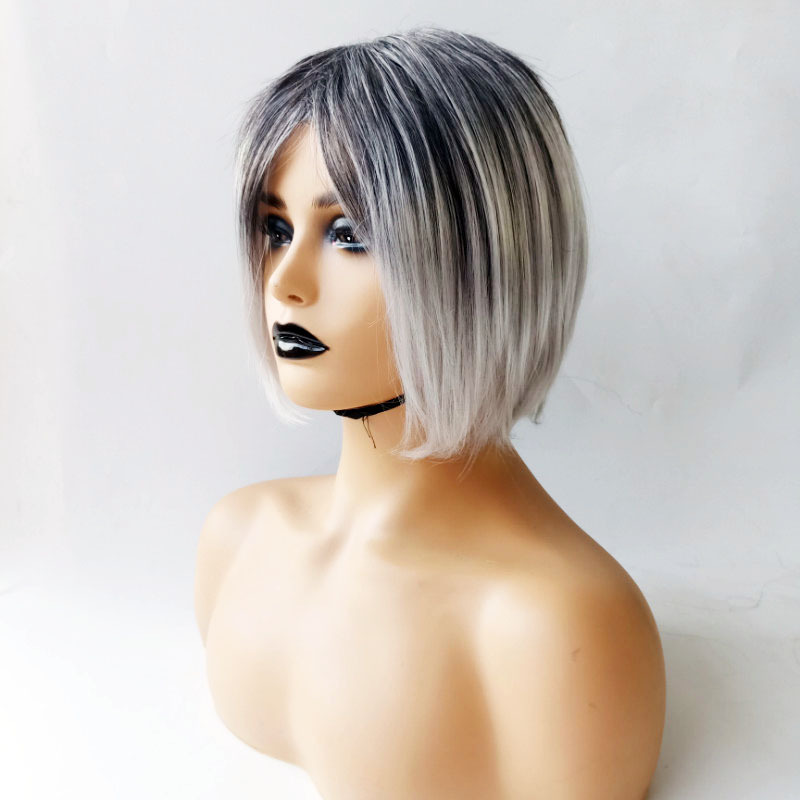 Wig women short hair synthetic wig women black gray gradient color bobo short straight hair