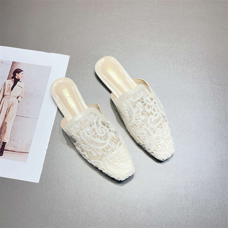 Fashionable Baotou Half Slippers For Women's Summer Outerwear 2024 New Comfortable Hollow Out Breathable Lace Mesh Flat Mill Shoes