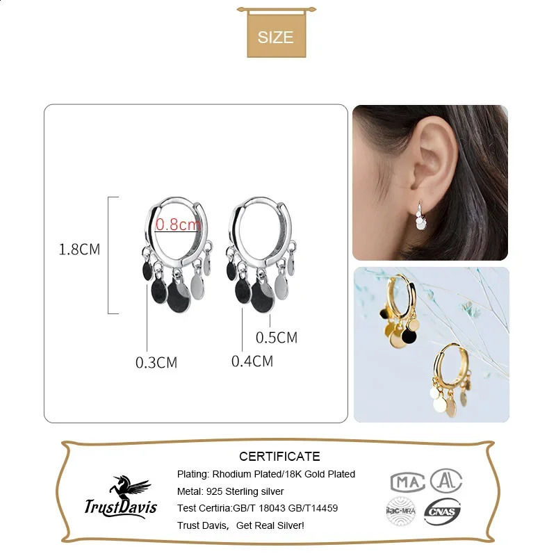 TrustDavis 925 Sterling Silver Round Disc Tassel Pendant Hoop Earrings For Women Girls Party Daily Wear Jewelry DA2429 241105