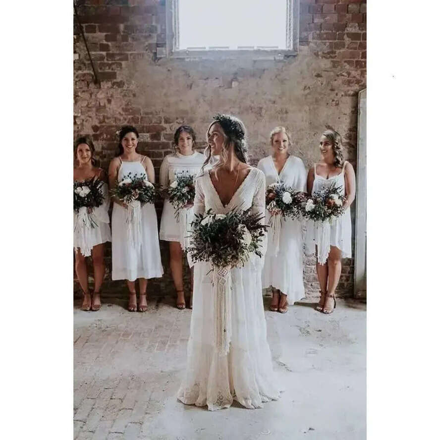 V Neck Country Wedding Dresses Crochet Lace Vintage Summer Boho Bridal Gowns France Charming Hot Gelik Vestido De Noive