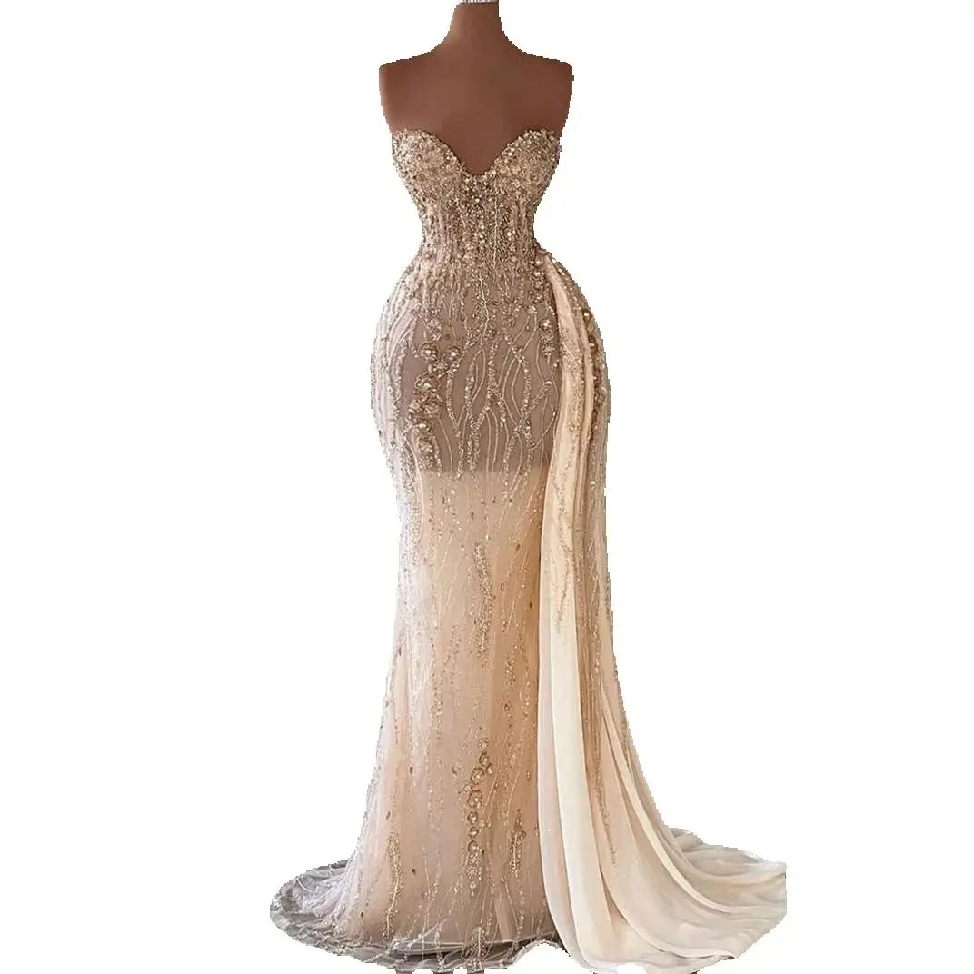 Graceful Strapless Prom Dresses Mermaid Sleeveless Crystal Evening Gowns Sequined Lace Side Train Customized Formal Party Dress