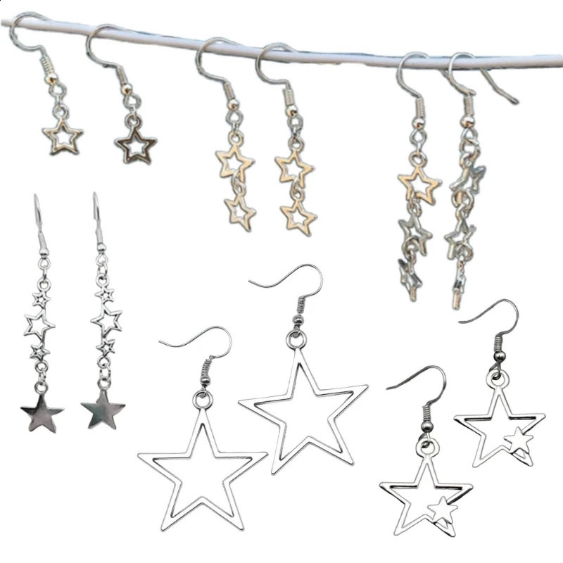 Y1UB 6 Pairs Star Themed Earring Set Hollow Pentagrams Dangle Drop Earrings Y2K Trendy Ear Pendant Accessories for Women 241105