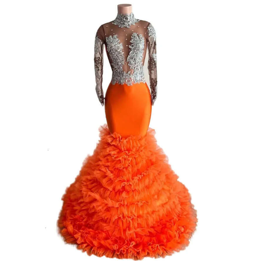 Orange Arabic Ebi Aso Mermaid Prom Dress Lace Beaded Evening Formal Party Second Reception Birthday Engagement Gowns Dresses Robe De Soiree ZJ Es