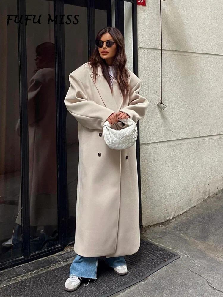 Women's Jackets Solid Woolen Lapel Long Coats For Women Loose Full Sleeve Double Breasted Shoulder Pads Overcoats 2024 Autumn Lady Outwears