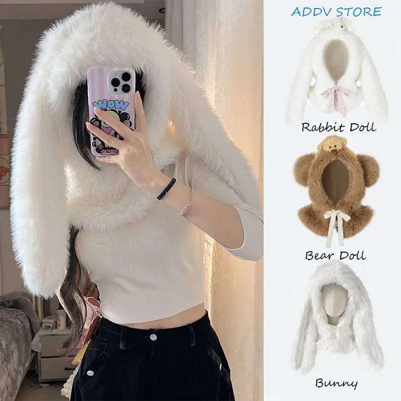 Womens Fur Balaclava Hat Cute Rabbit Ears Plush Winter Warm Thickened Anticold Scarf One Threedimensional Doll Cap 241105