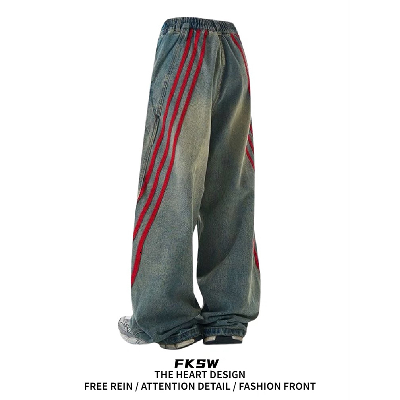 Women American Vintage Waist Striped Jeans Blue Patchwork Wide Leg Denim Pants Summer 2000S Hip-Hop High Street Trousers
