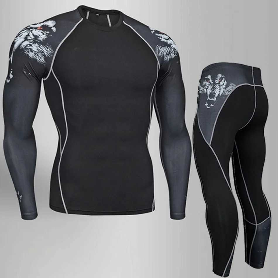 Compression underwear Mens Winter Thermal underwear MMA 3D wolf Bodybuilding T-Shirt Rashgarda leggings 2 piece tracksuit Men X250129