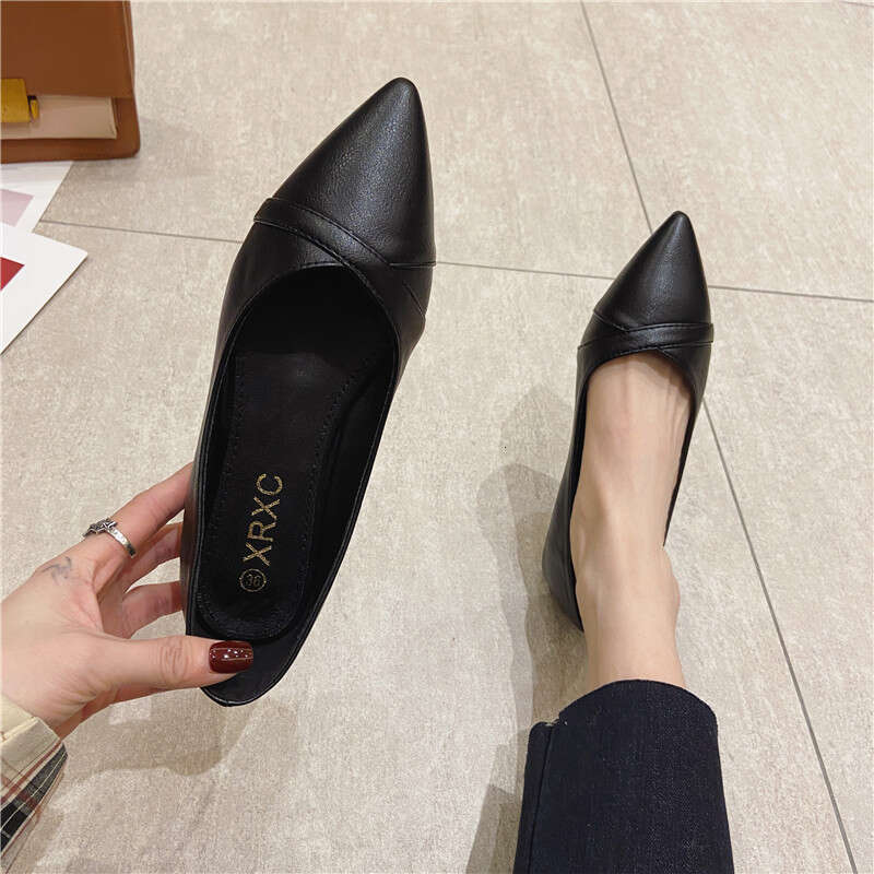 2023 Spring New Pointed Versatile Comfortable Bottom Soft Surface Single For Women, Shallow Mouth Black Work Women's Shoes