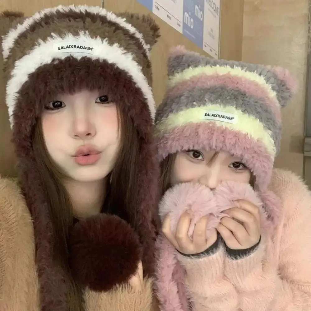 Cute Cat Ear Women Knitted Hat Thick Warm Contrast Stripe Winter Beanies Cap Windproof Protection Pullover 241105