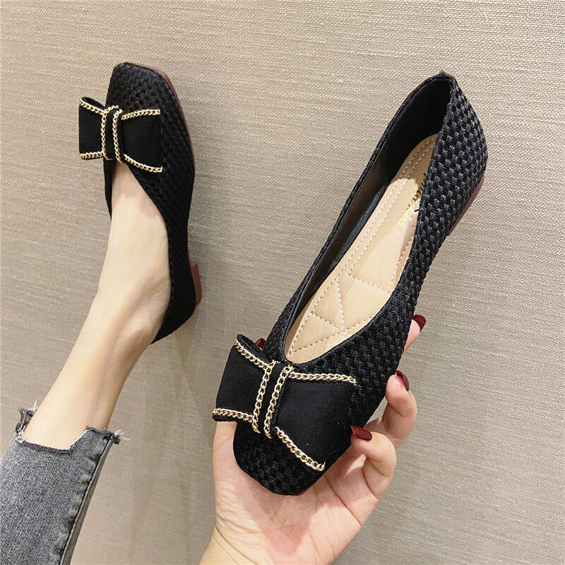 Korean Version Flat Bottomed Single Women's Summer Versatile Square Toe 2023 New Spring Woven Surface Soft Sole Shallow Mouth Comfortable Scoop S