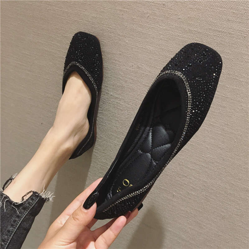 2023 Spring/Summer New Casual Daily Cloth Face Single Fashion Shallow Mouth Square Head Large Flat Bottom Bean Women's Shoes